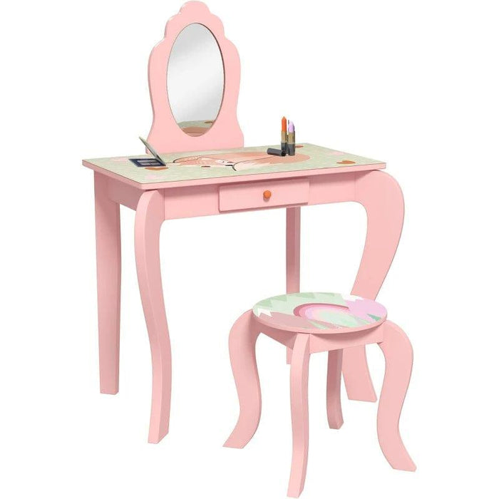 Cute Animal Design Kids Dressing Table with Mirror, Stool and Drawer - Little and Giant Explorers ZONEKIZ