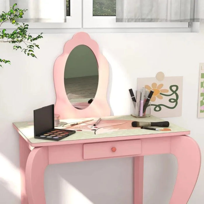 Cute Animal Design Kids Dressing Table with Mirror, Stool and Drawer - Little and Giant Explorers ZONEKIZ