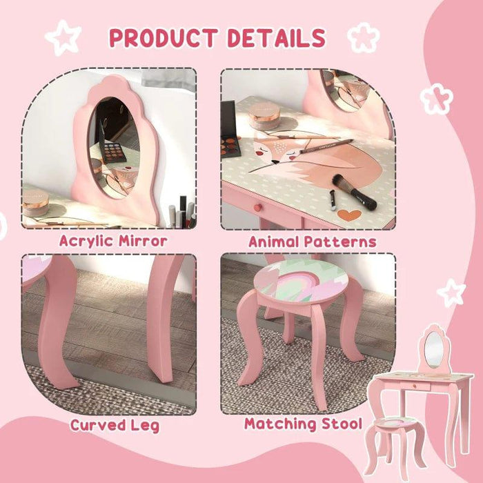 Cute Animal Design Kids Dressing Table with Mirror, Stool and Drawer - Little and Giant Explorers ZONEKIZ