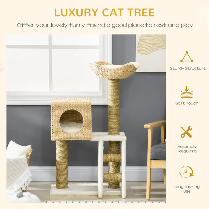 Luxury cat tree with sturdy sisal posts, woven hideout, and soft cushioned perch in modern room