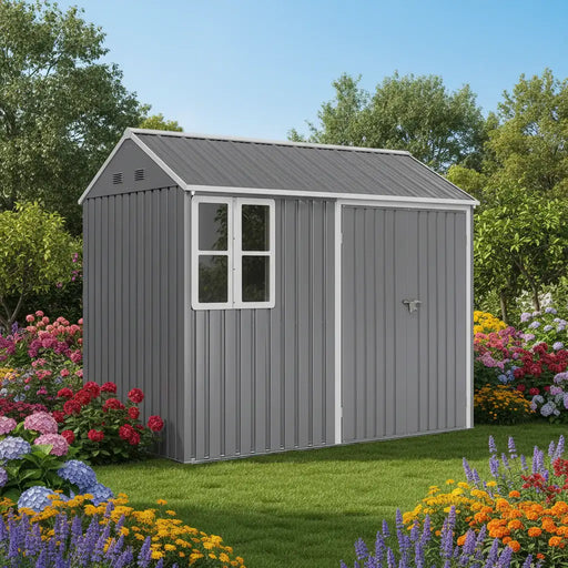 Gray metal garden shed with window and locked door surrounded by colorful flowers and green trees