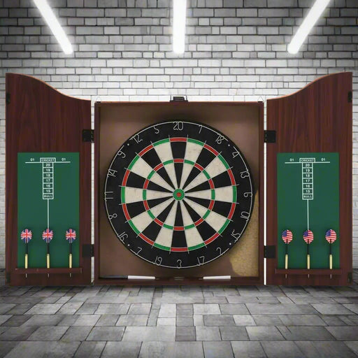 Dartboard cabinet set with sisal dartboard, six steel-tip darts, and chalk scoreboards.