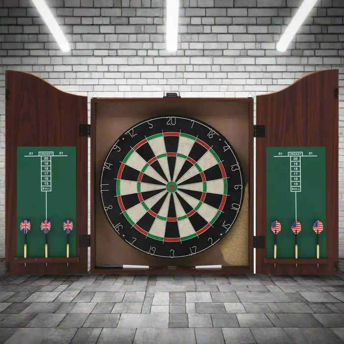 Dartboard cabinet set with sisal dartboard, six steel-tip darts, and chalk scoreboards.