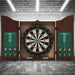 Dartboard cabinet set with sisal dartboard, six steel-tip darts, and chalk scoreboards.