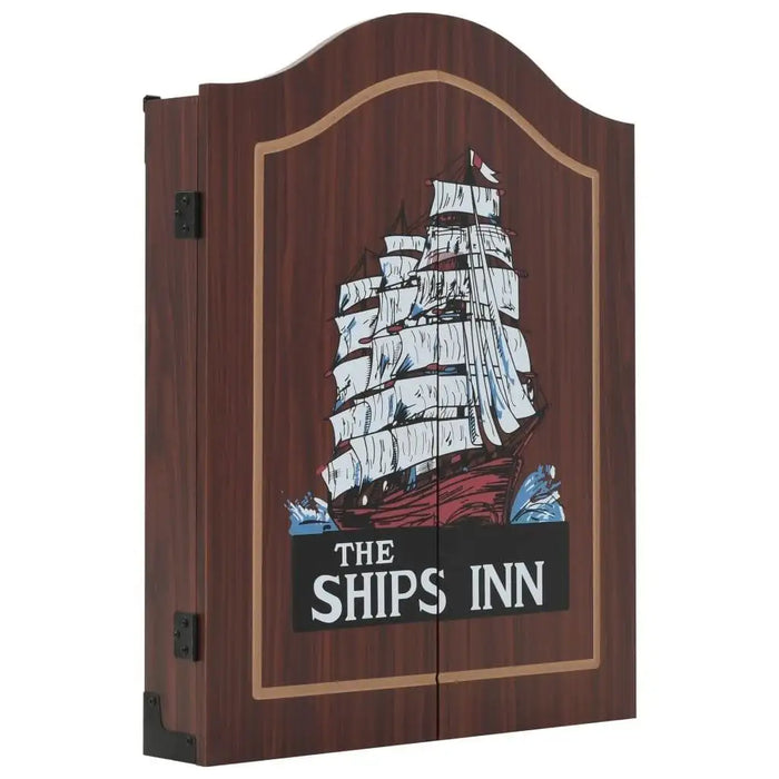 Wood dartboard cabinet with a sailing ship illustration and 'The Ships Inn' text