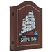 Wood dartboard cabinet with a sailing ship illustration and 'The Ships Inn' text