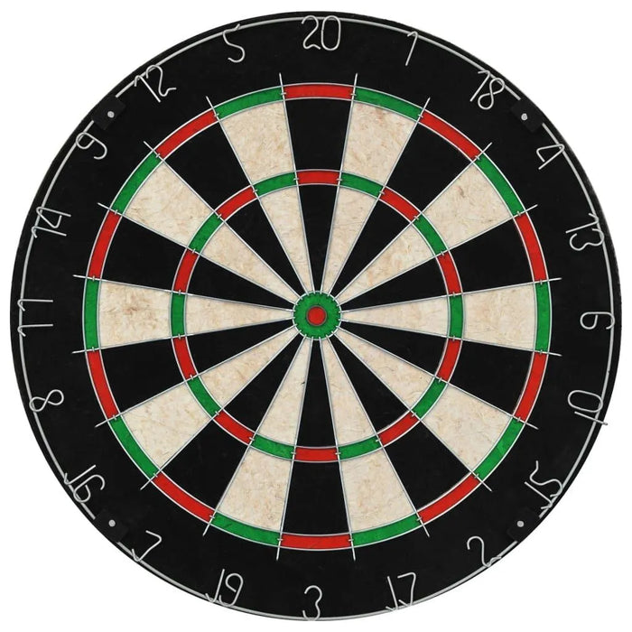 Professional sisal dartboard with black, red, green, and white segments and numbers.