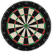 Professional sisal dartboard with black, red, green, and white segments and numbers.