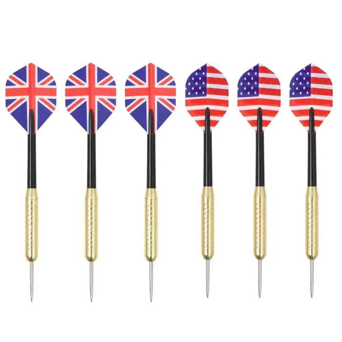 Six steel tip darts with British and American flag flights, gold barrels, white background