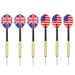 Six steel tip darts with British and American flag flights, gold barrels, white background