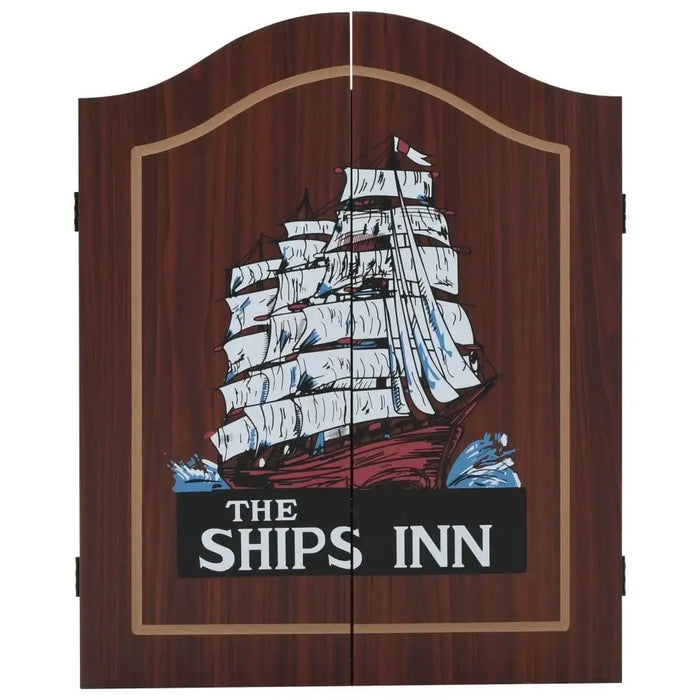 Wood dartboard cabinet with ship graphic and 'The Ships Inn' text on front doors