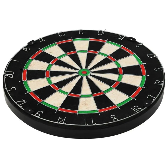 Sisal dartboard with numbered black, white, red, and green sections for darts game play