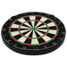 Sisal dartboard with numbered black, white, red, and green sections for darts game play