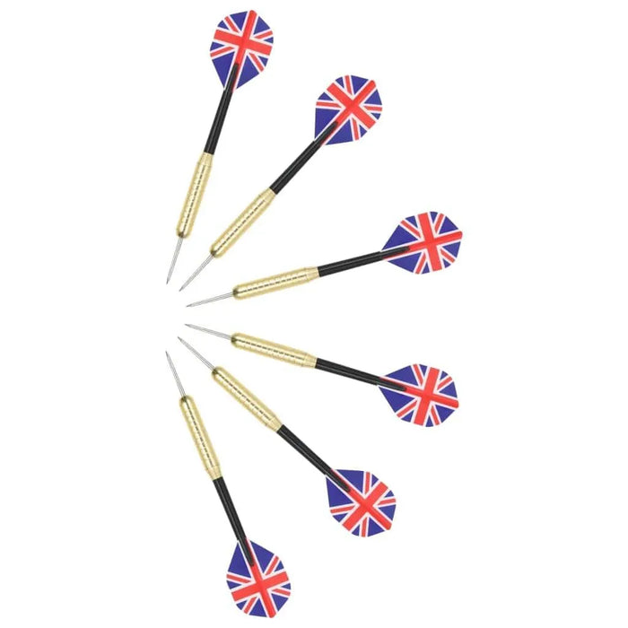Six steel tip darts with Union Jack flights arranged in a fan shape on a white background