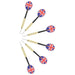 Six steel tip darts with Union Jack flights arranged in a fan shape on a white background