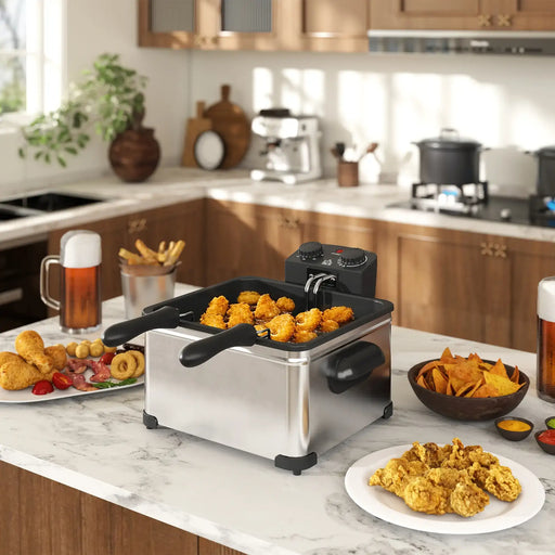 Small deep fryer on a kitchen counter with fried food and drinks.