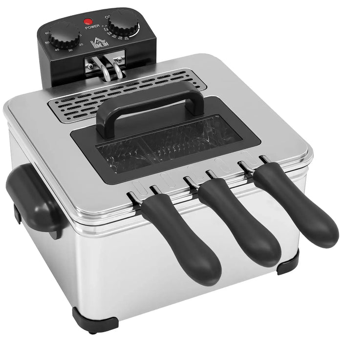 Silver deep fryer with black handles on a white background