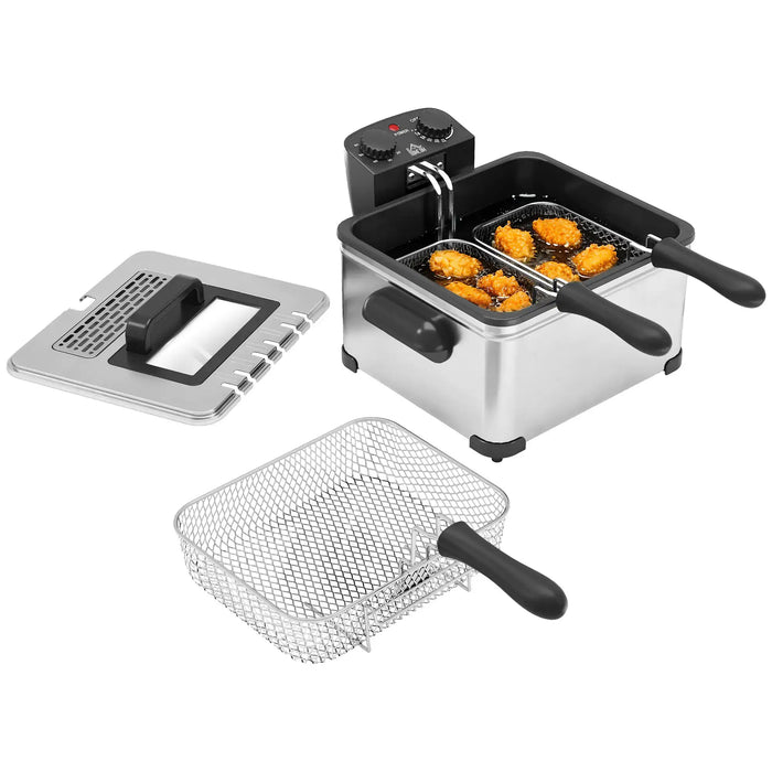Deep fryer with basket and oil filter on a white background