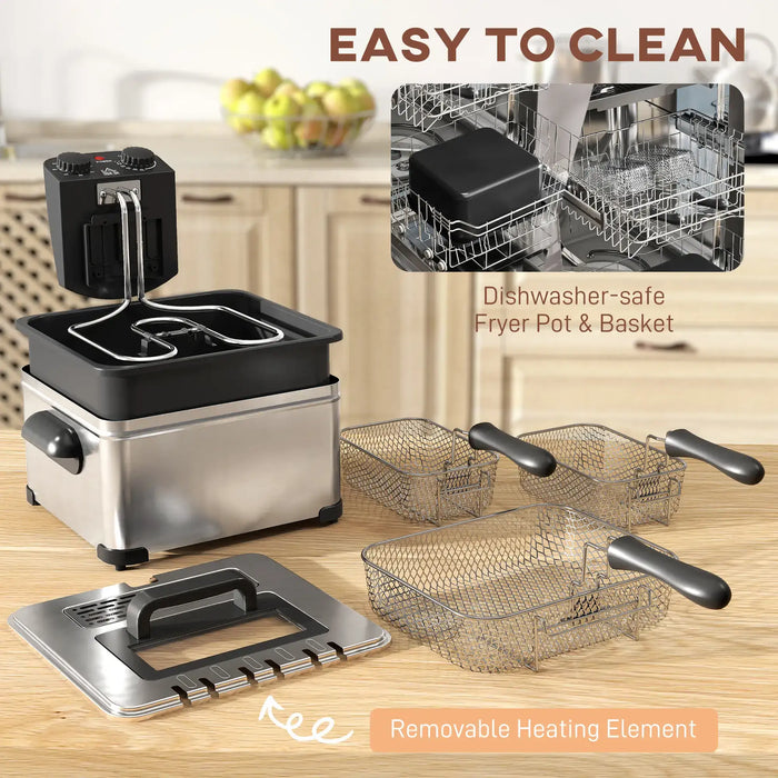 Kitchen appliance with frying baskets and a dishwasher-safe feature on a kitchen counter.