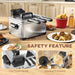 Stainless steel deep fryer on a kitchen counter with food and safety features highlighted.