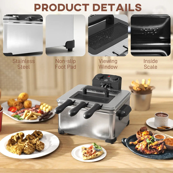 Stainless steel waffle maker on a wooden table with food items and feature highlights.
