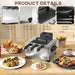 Stainless steel waffle maker on a wooden table with food items and feature highlights.