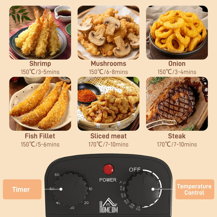 Illustration of fried foods with cooking times and a temperature control panel labeled 'HOMCOM'.