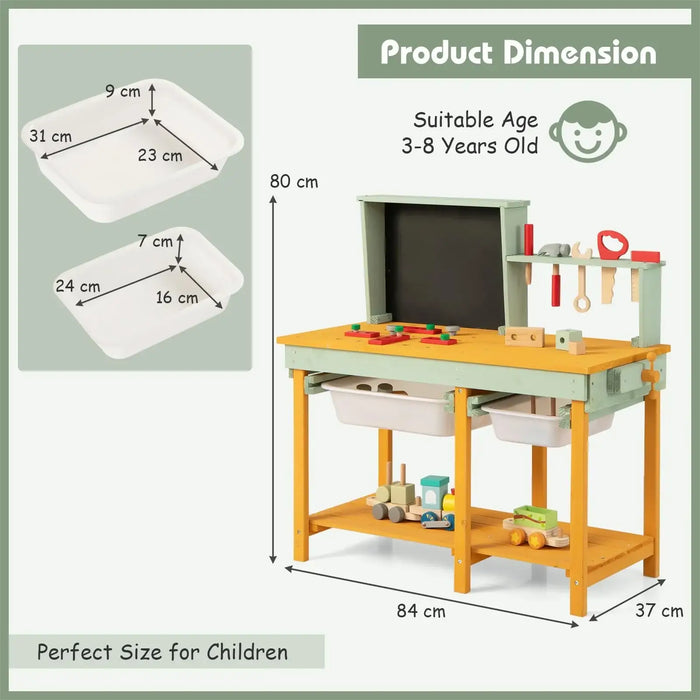 Kids deluxe wooden workbench with blackboard, tool rack, storage bins, and product dimensions