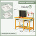 Kids deluxe wooden workbench with blackboard, tool rack, storage bins, and product dimensions
