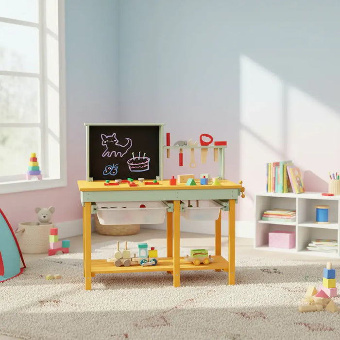 Deluxe wooden kids workbench with blackboard, toy tools and blocks in a playroom