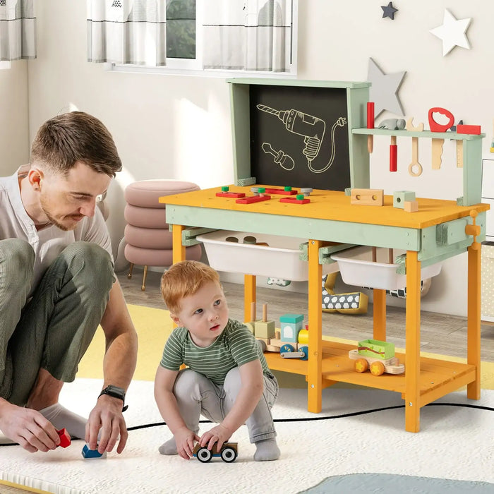 Kids wooden workbench toy set with blackboard and tool rack, father and child playing nearby
