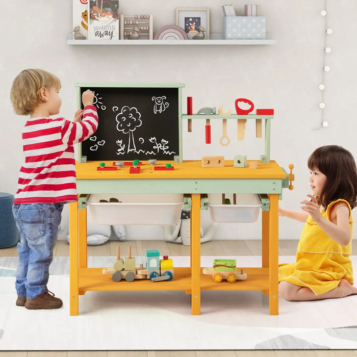 Kids playing at deluxe wooden workbench with blackboard, tool rack, and wooden toys