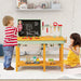 Kids playing at deluxe wooden workbench with blackboard, tool rack, and wooden toys