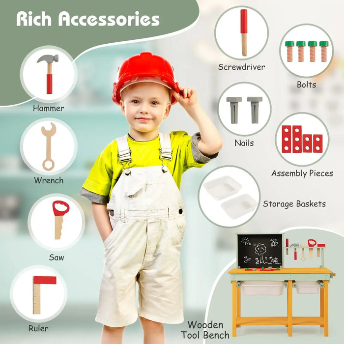 Smiling child in red hard hat with wooden workbench toy, tool station, and labeled accessories