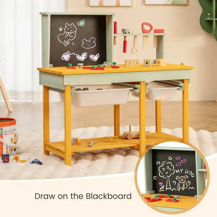 Deluxe wooden kids workbench with tool rack, blackboard with chalk drawings, and storage bins