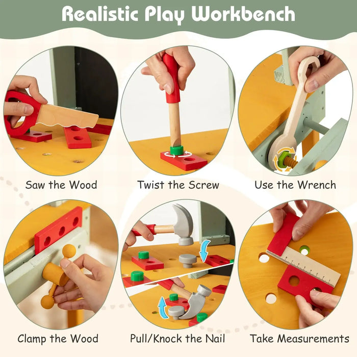 Children's deluxe wooden workbench with toy tools, showing sawing, hammering, wrench, measuring.