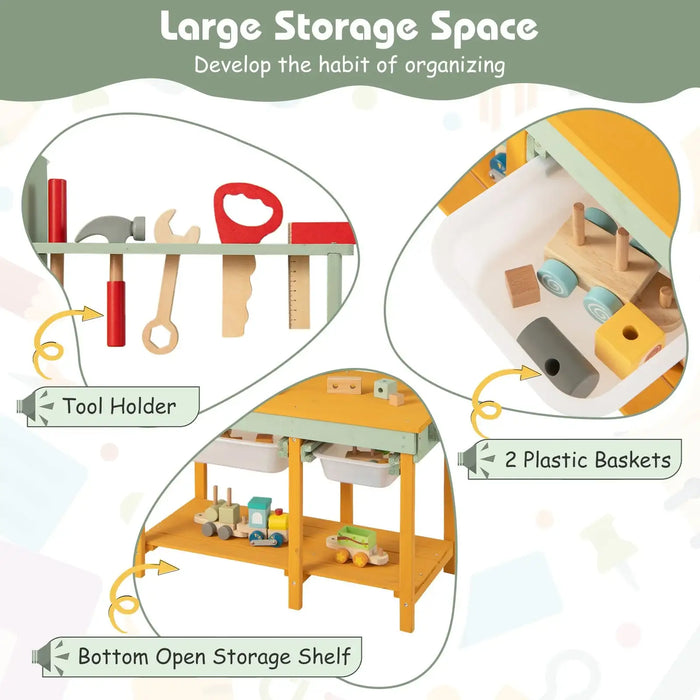 Kids wooden workbench with tool holder, plastic baskets, and bottom open storage shelf.