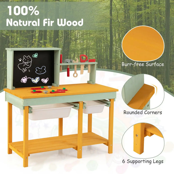 Deluxe wooden kids workbench with blackboard, tool rack, burr-free surface, and six legs.