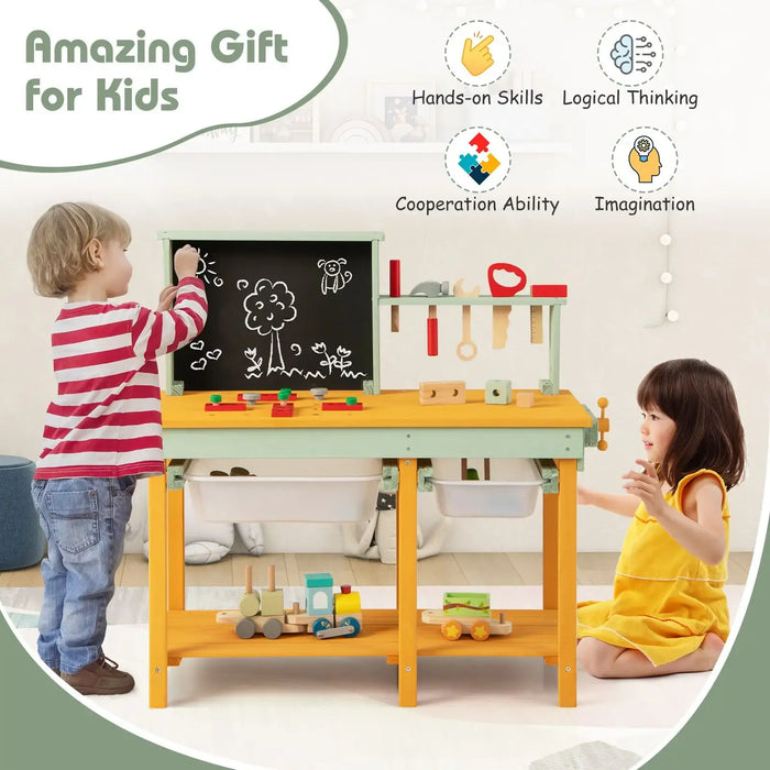 Kids playing with deluxe wooden workbench toy featuring blackboard, tool rack, and toy train.