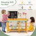 Kids playing with deluxe wooden workbench toy featuring blackboard, tool rack, and toy train.