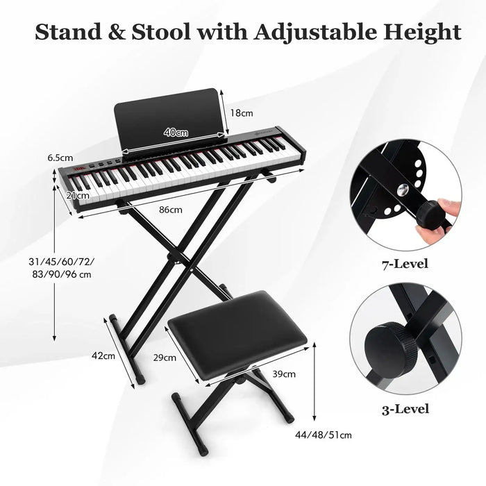 61-key portable electronic keyboard with adjustable black stand and padded stool, detailed dimensions shown