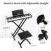 61-key portable electronic keyboard with adjustable black stand and padded stool, detailed dimensions shown