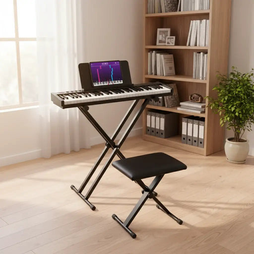 61-key portable electronic keyboard with stand and padded stool in bright room with bookshelf and plant