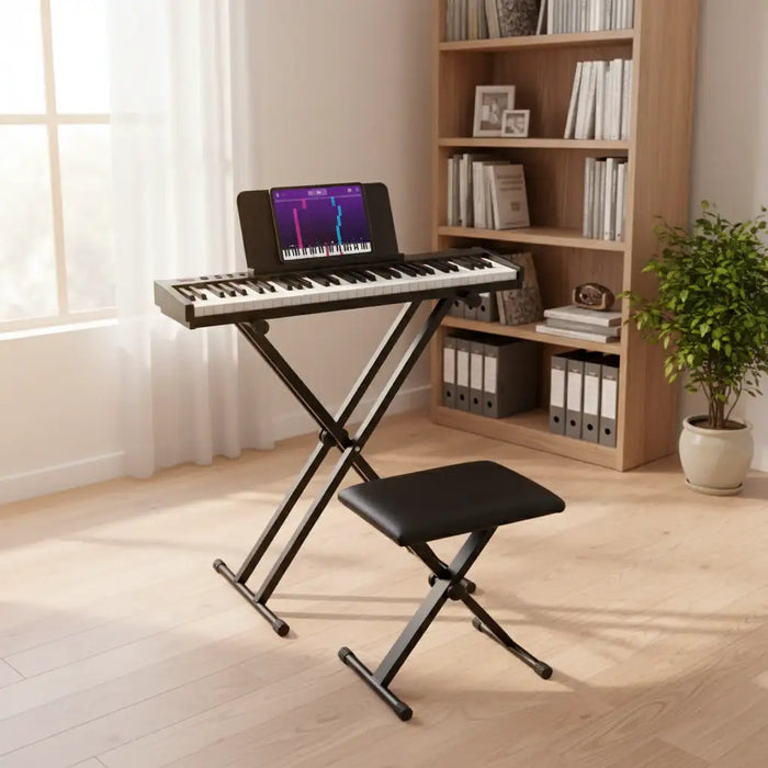 61-key portable electronic keyboard with stand and padded stool in bright room with bookshelf and plant