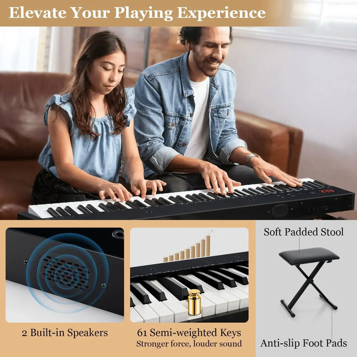 Man and girl playing 61-key portable electronic keyboard piano with built-in speakers, semi-weighted keys, padded stool
