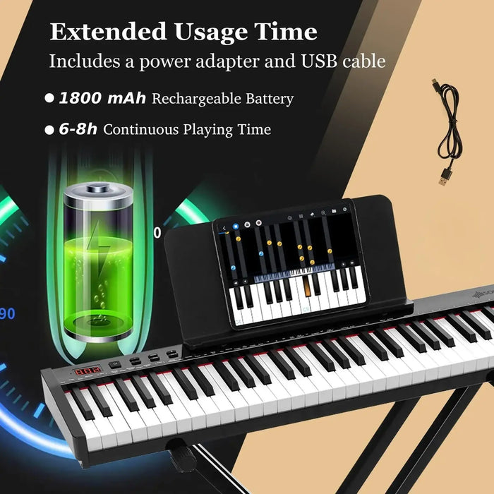 61-key portable electronic keyboard piano on stand with tablet showing piano app and USB charging cable
