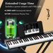 61-key portable electronic keyboard piano on stand with tablet showing piano app and USB charging cable