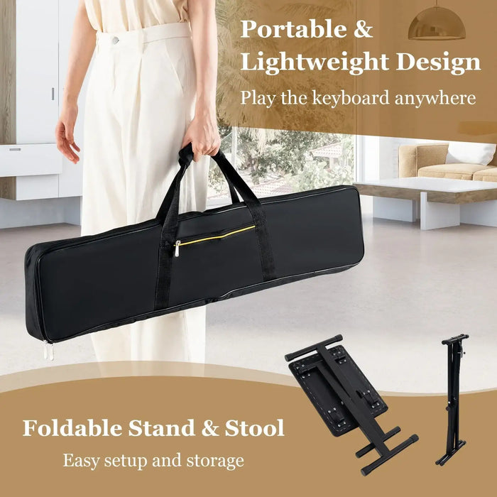 Person holding black portable keyboard bag indoors with foldable keyboard stand and stool shown