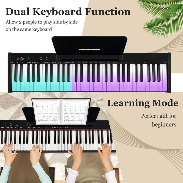 Dual keyboard function on portable electronic piano keyboard with two people playing side by side, learning mode