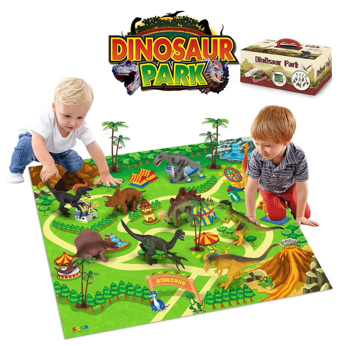 Children playing with a Dinosaur Park play mat and figures on a white background.